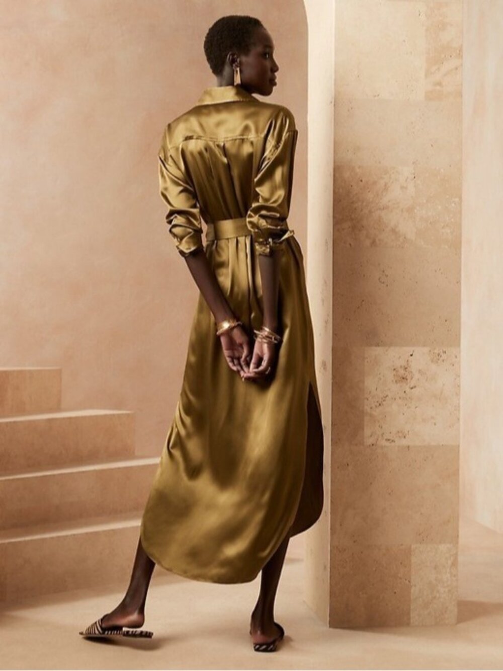 NWT Banana Republic Muse Silk Maxi in Cargo Green Belted Shirt Dress M $270 - Picture 4 of 8